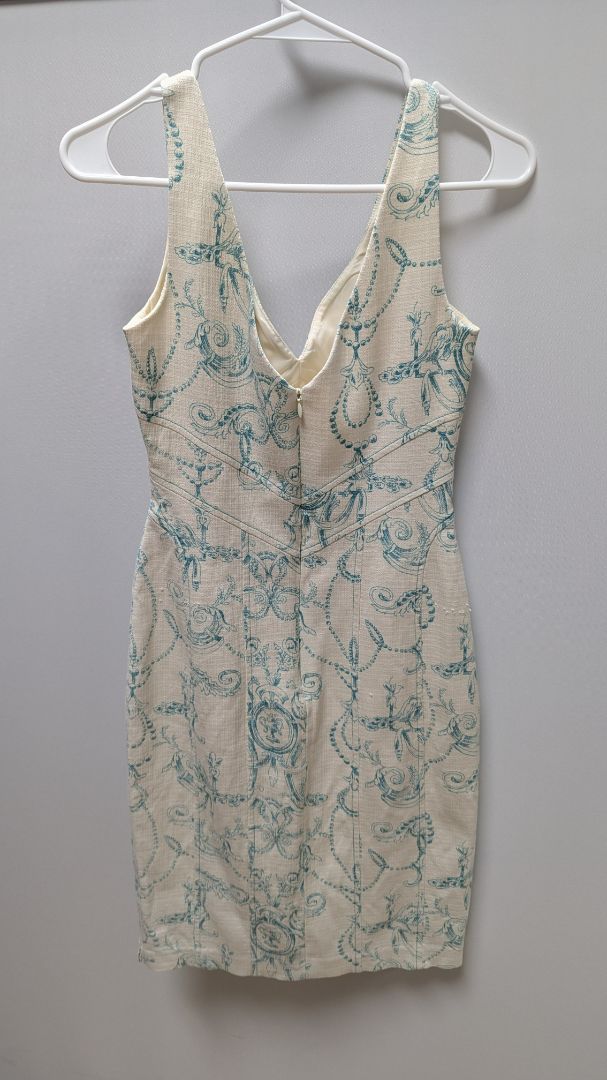 David Meister Ivory/Teal Elegant Printed Sleeveless Dress
