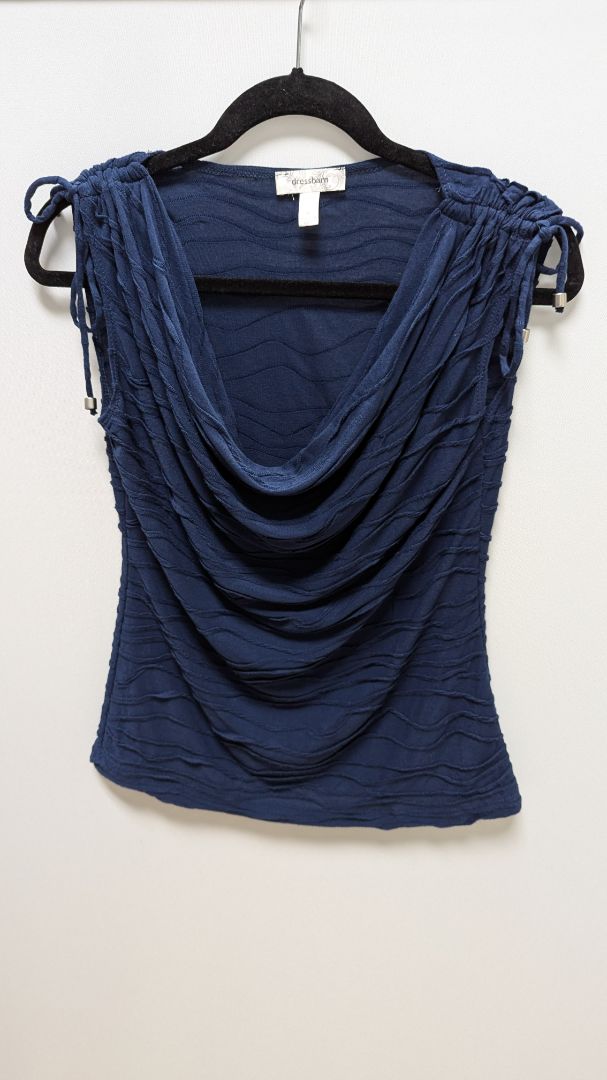 dressbarn Navy Cowl-Neck Ruched-Shoulder Blouse