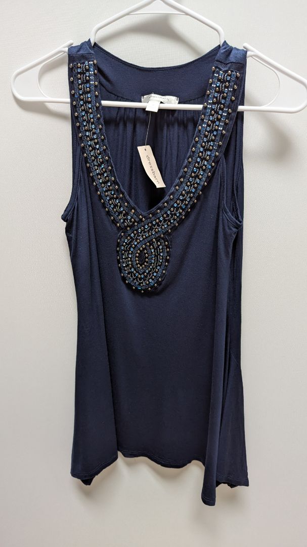 dressbarn Navy Beaded Neckline Sleeveless Blouse