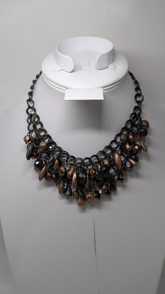 Black/Bronze 2-Strand Chain Necklace with Beads