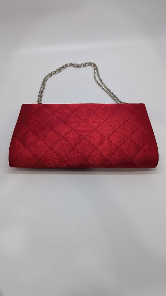 Bijoux Terner Red Quilted Satin Clutch Purse with Chain