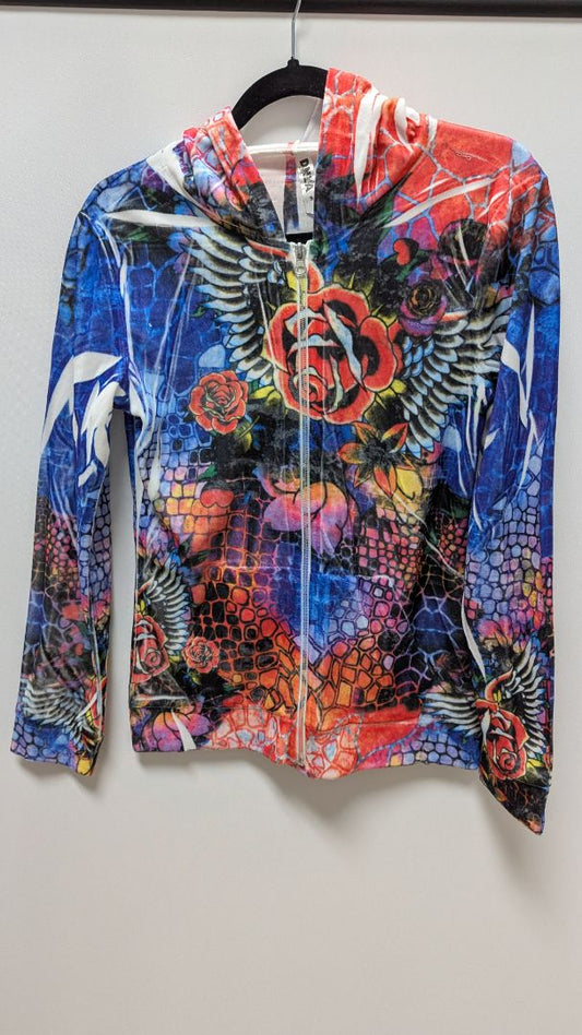 DLNA Sport Multicolor Graphic Art Faux-Suede Zippered Jacket