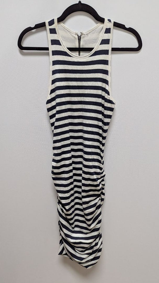 White/Navy Striped Sleeveless Ruched Dress