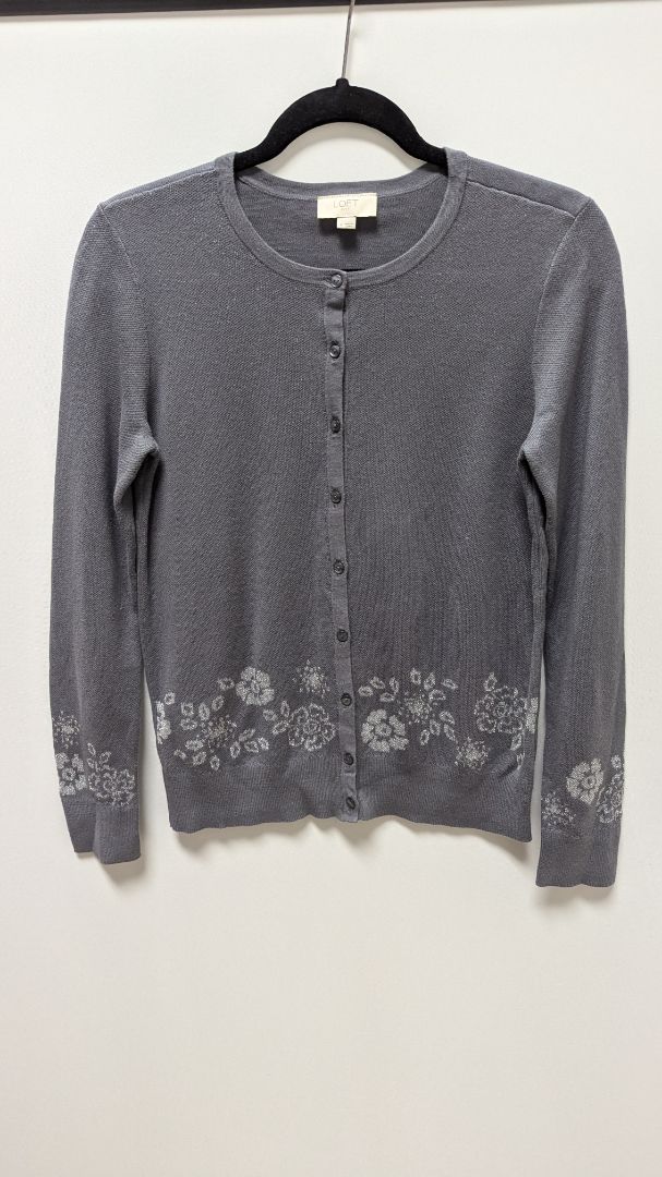 Loft Outlet Dark Grey Floral-Trim Metallic Cardigan Sweater