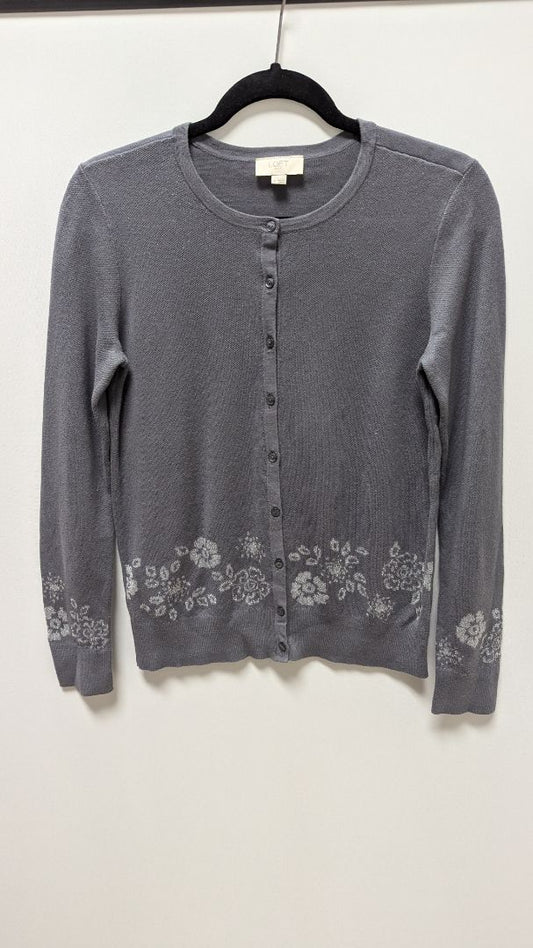 Loft Outlet Dark Grey Floral-Trim Metallic Cardigan Sweater