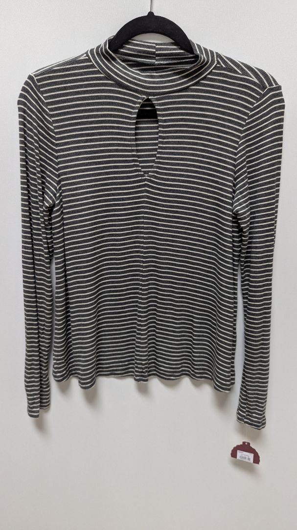 SO Dark Grey/White Striped Mockneck Keyhole Swing Sweater
