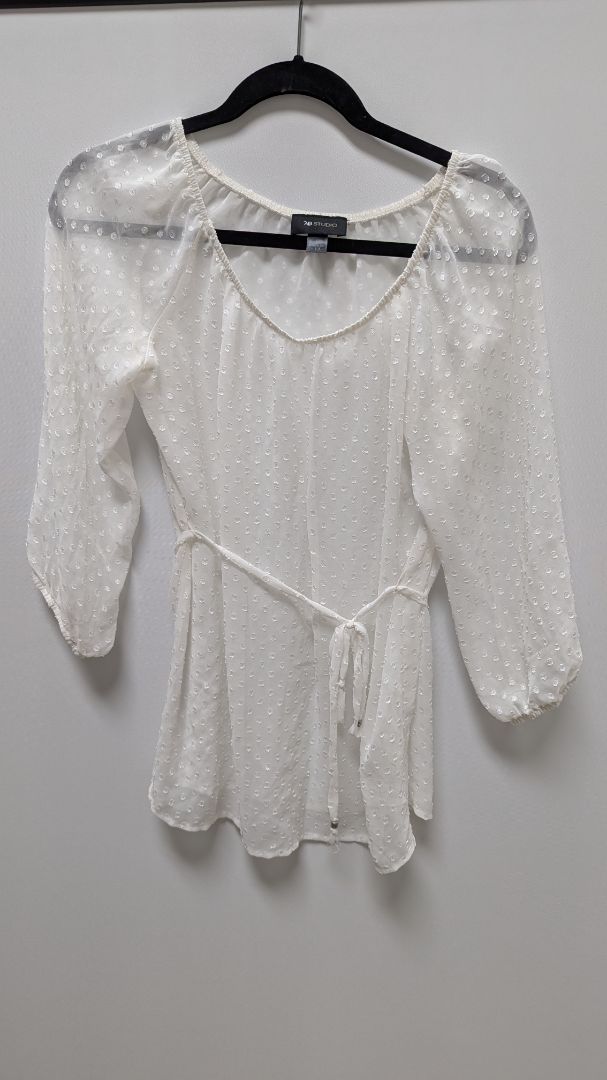 AB Studio White Sheer Tie-Waist Peasant Blouse