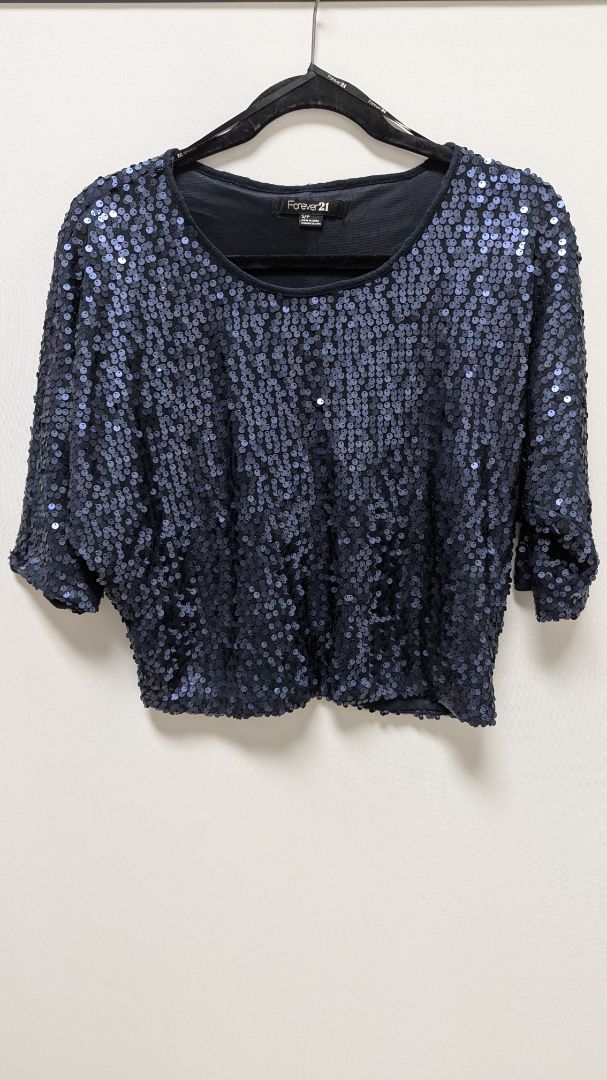 Forever 21 Navy Vintage Cropped Sequin Blouse