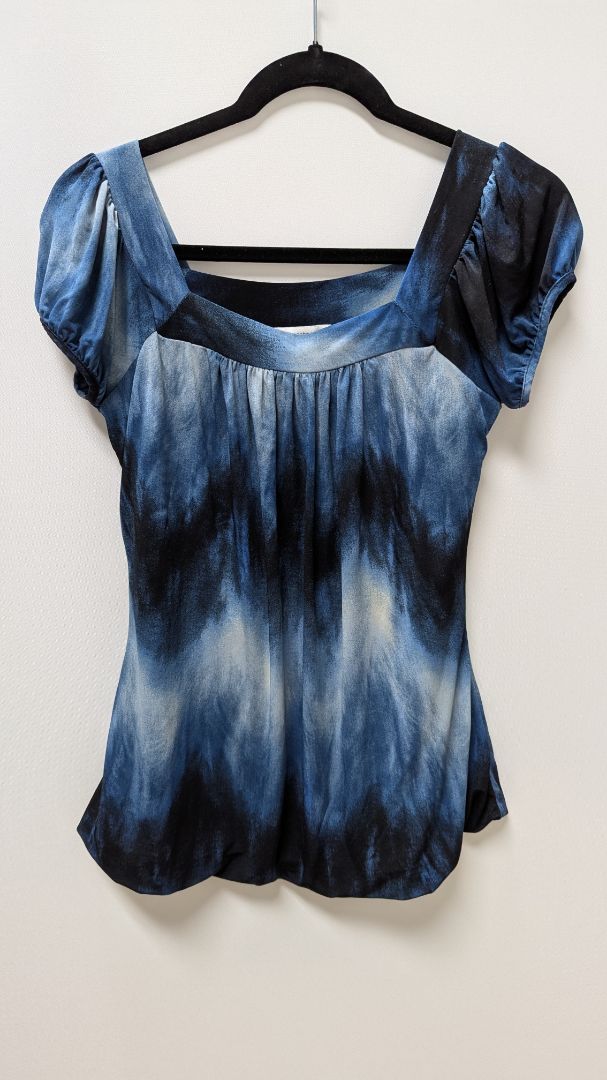 dressbarn Blue/Black Patterned Short-Sleeve Blouse