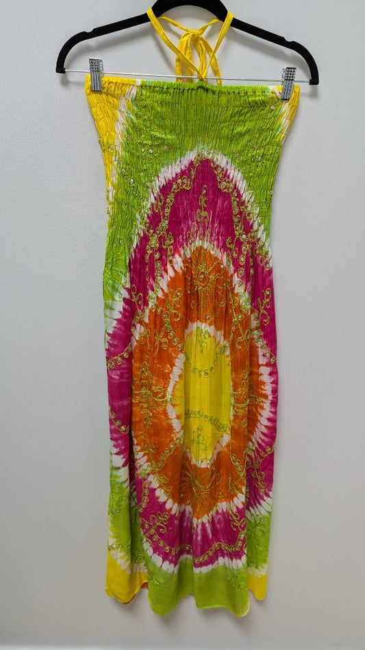 Ucho Bali Green/Yellow/Orange Tie-Dye Halter-Neck Dress