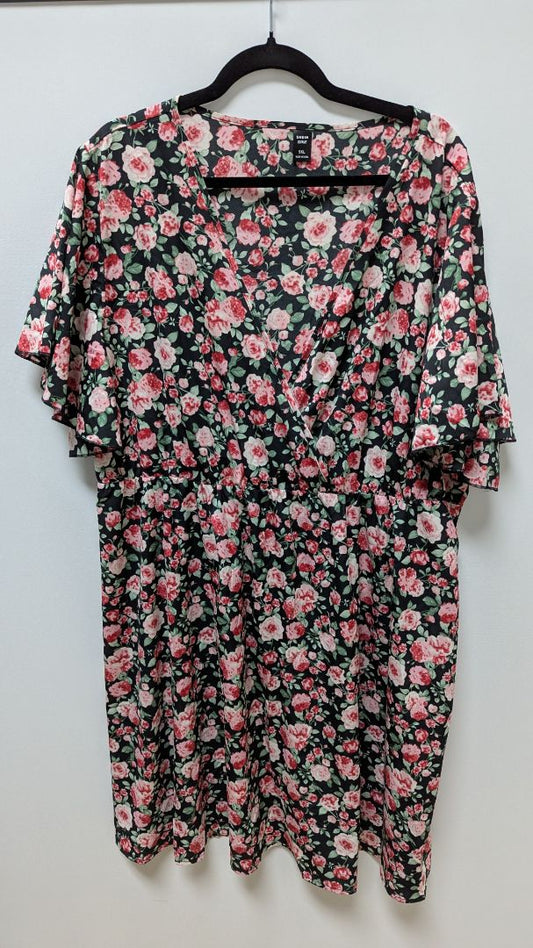 Shein Black/Pink Floral Short-Sleeve Midi Dress