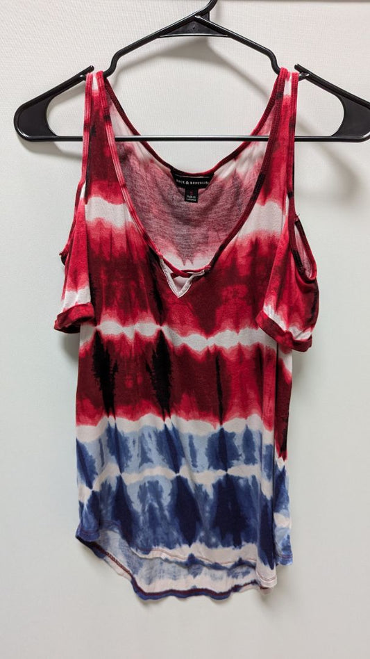 Rock & Republic Red/Blue Tie-Dye Cold-Shoulder Blouse