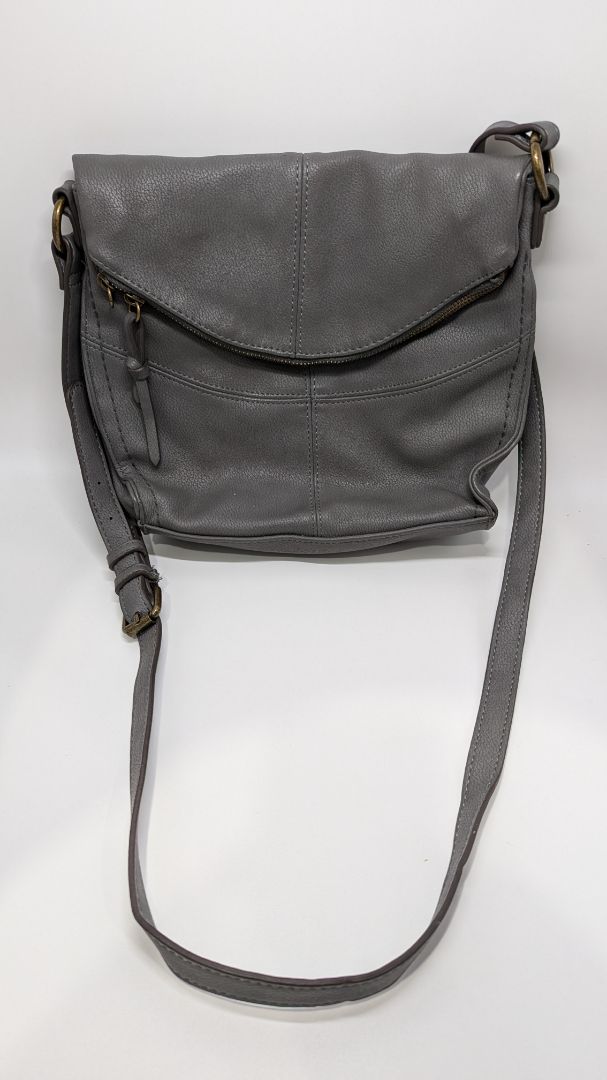 Grey Faux-Leather Foldover Crossbody Purse