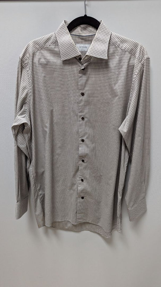 ETON Contemporary Ivory/Brown Plaid Button-Down Shirt