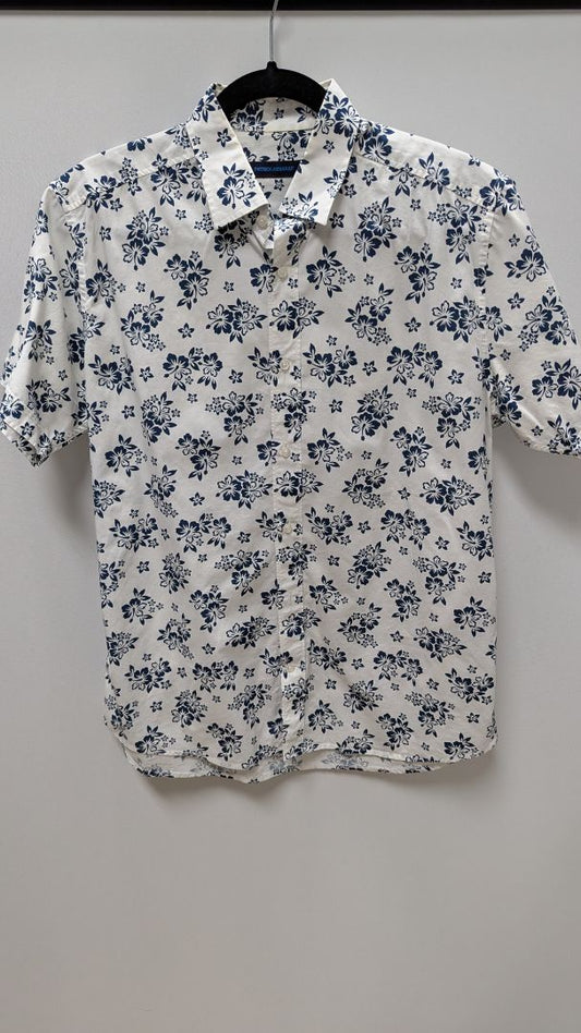 Patrick Assaraf White/Navy Hawaiian Button-Down Shirt
