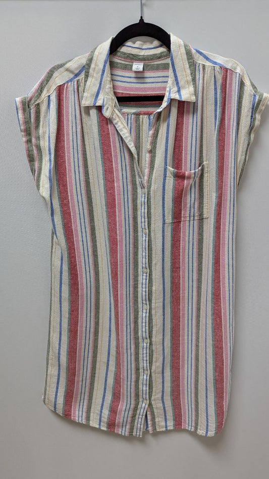 Old Navy Ivory/Multicolor Striped Linen Button-Down Dress