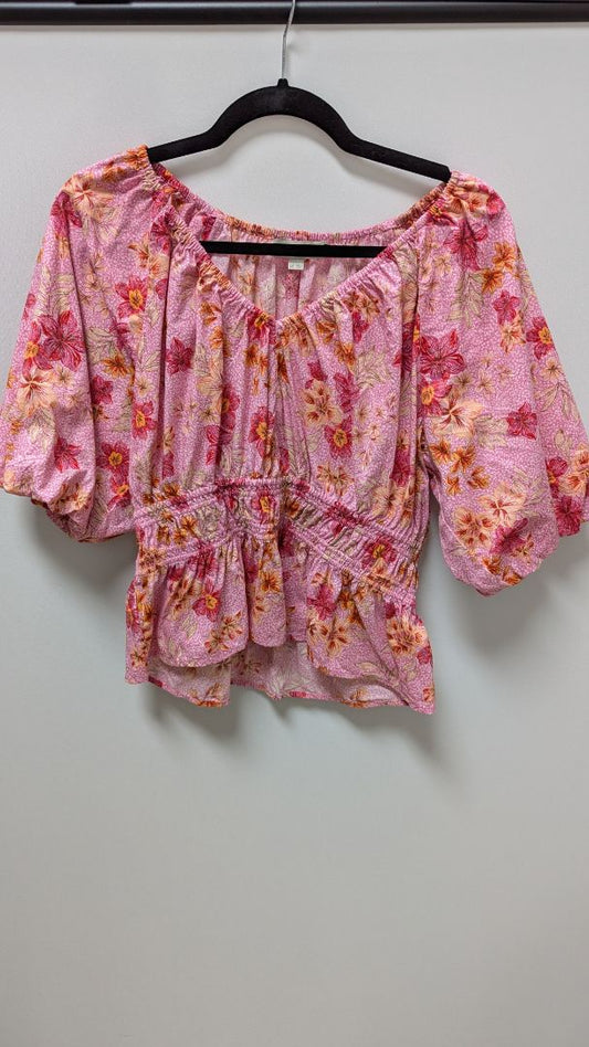LOFT Pink Floral Lily Gathered Waist V-Neck Blouse