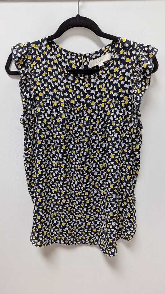 LOFT Navy/Yellow Printed Ruffle-Sleeve Blouse