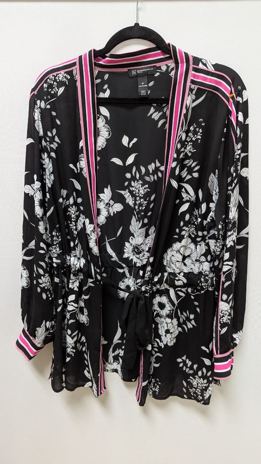 INC Woman Black/Pink Floral Wrap Long-Sleeve Blouse