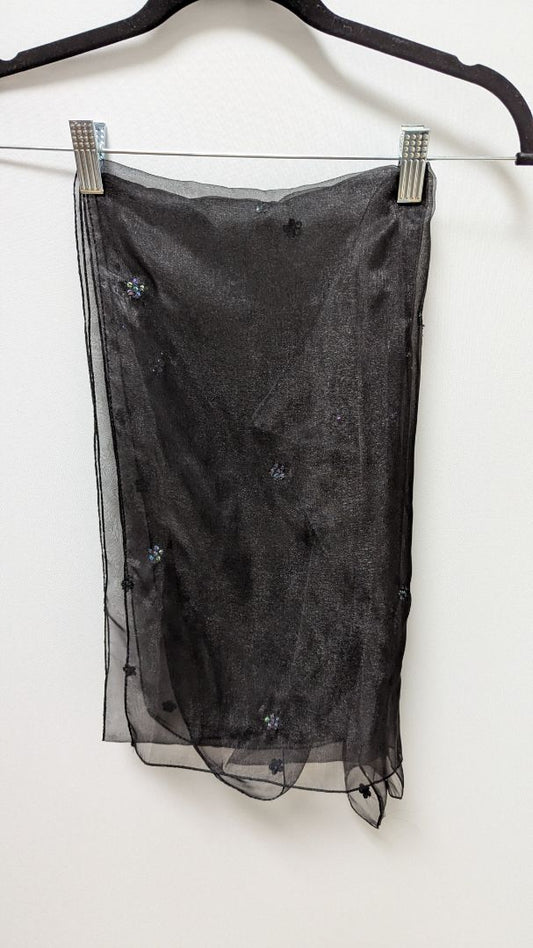 Black Sheer Scarf with Sequin Flowers