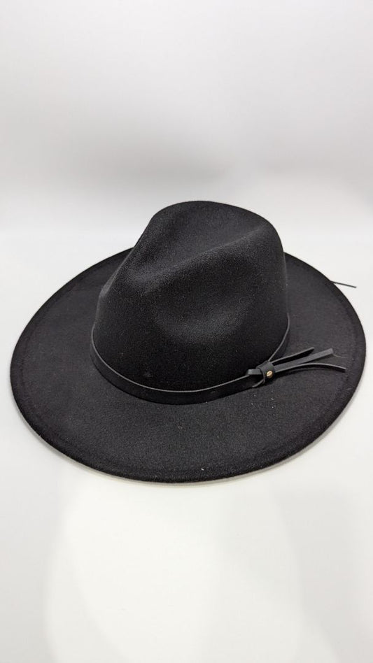 Black Wool Faux-Leather Cord Fedora Hat