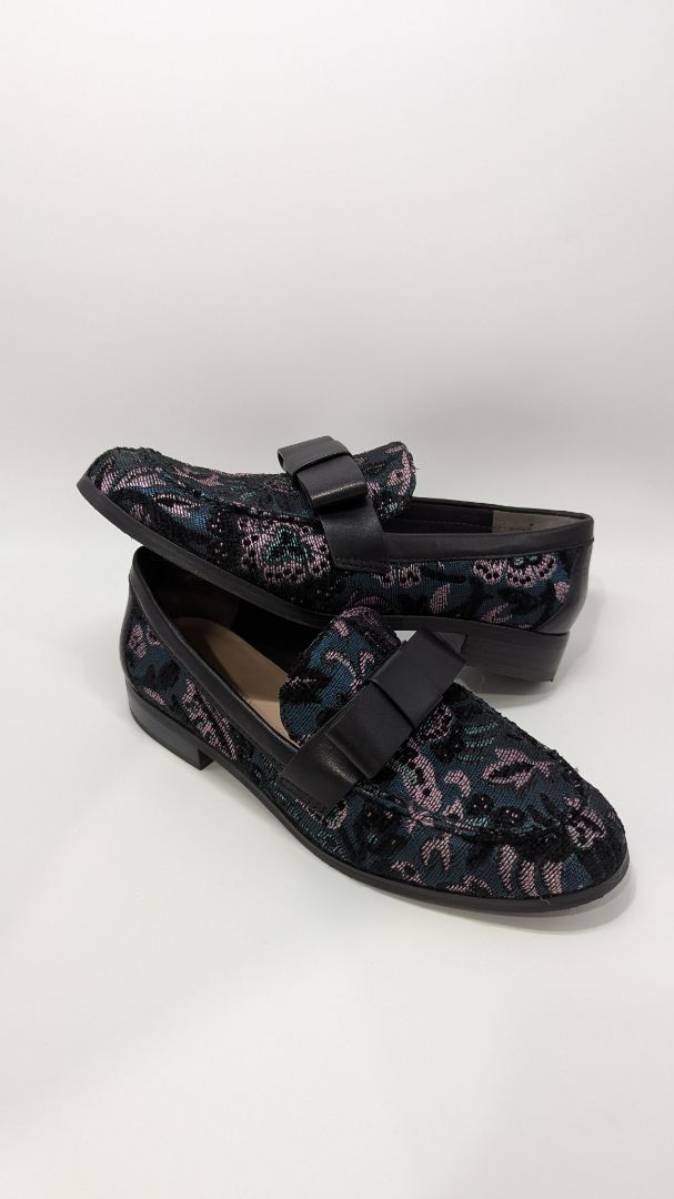 Stuart Weitzman Black Bowtie Embellished Floral Jacquard Loafers