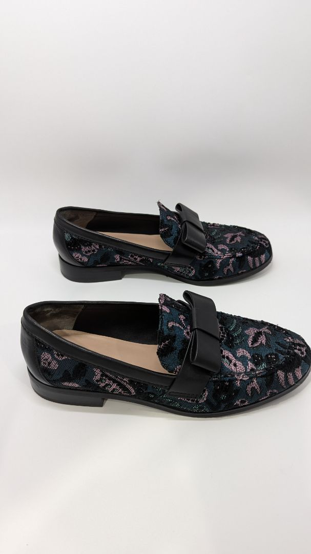 Stuart Weitzman Black Bowtie Embellished Floral Jacquard Loafers
