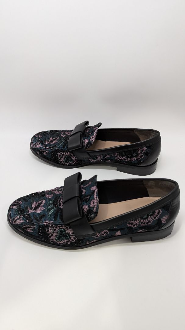 Stuart Weitzman Black Bowtie Embellished Floral Jacquard Loafers