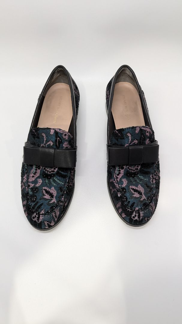 Stuart Weitzman Black Bowtie Embellished Floral Jacquard Loafers