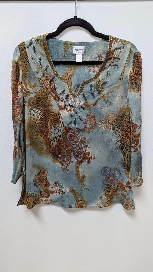 Chico's Light Blue/Brown Silk Animal Print Embellished Blouse