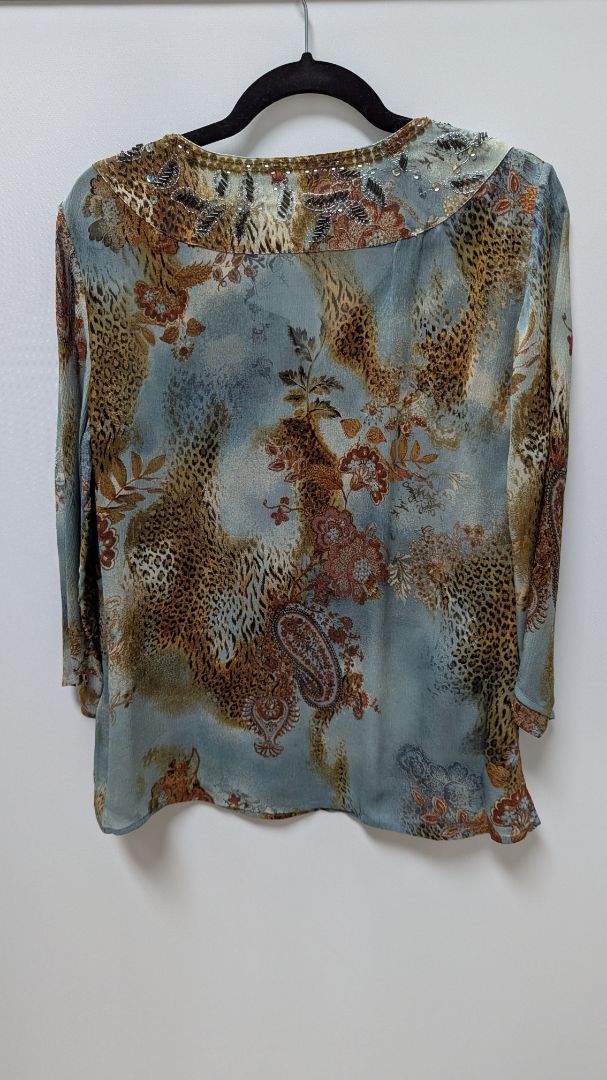 Chico's Light Blue/Brown Silk Animal Print Embellished Blouse