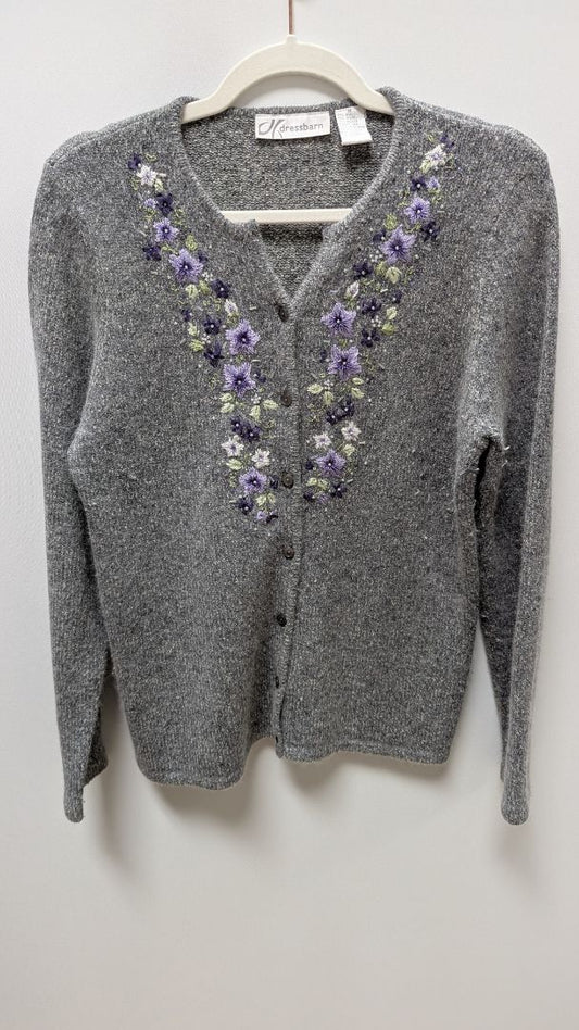dressbarn Grey Silk & Rabbit Blend Embroidered Cardigan
