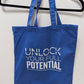 Blue "Unlock Your Potential" Cotton Canvas Tote Bag