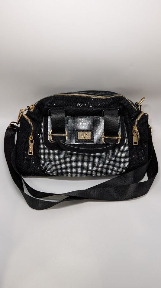 Black/Gold/White Mesh Rhinestone Mini Duffle Bag Purse