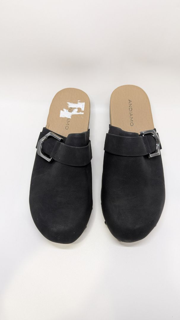 ANDIAMO Black/Tan Cork Clog Wedges