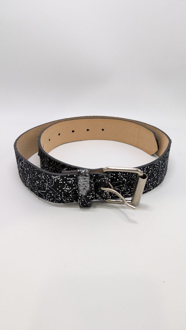 Black/Silver Sequin Fabric Belt with Silver Buckle