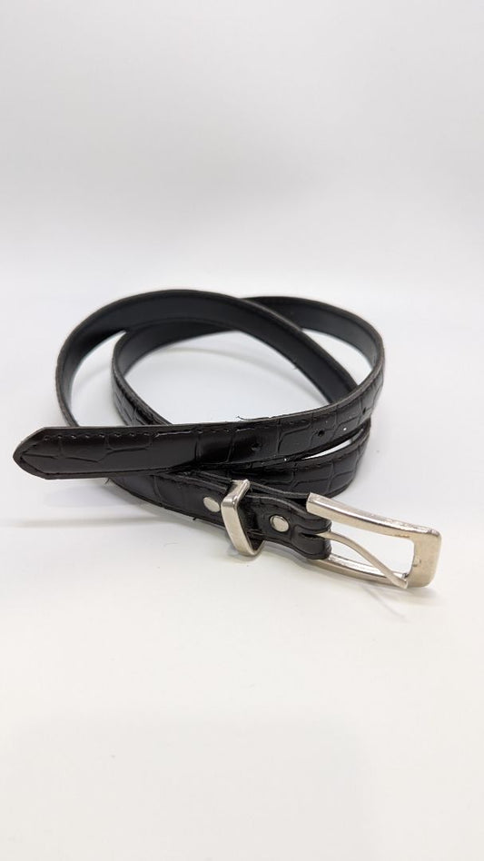 Brown Faux-Crocodile Leather Belt with Silver Buckle