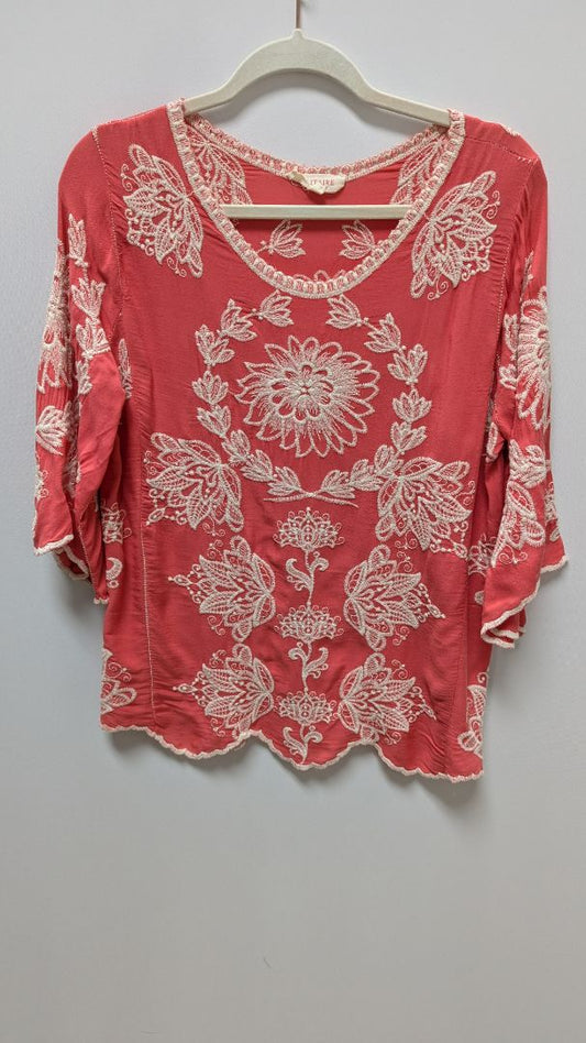 SOLITAIRE Coral Pink/Cream Embroidered Blouse