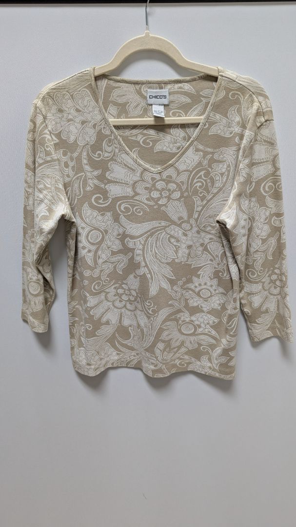 Chico's Beige/Ivory Patterned 3/4 Sleeve T-Shirt