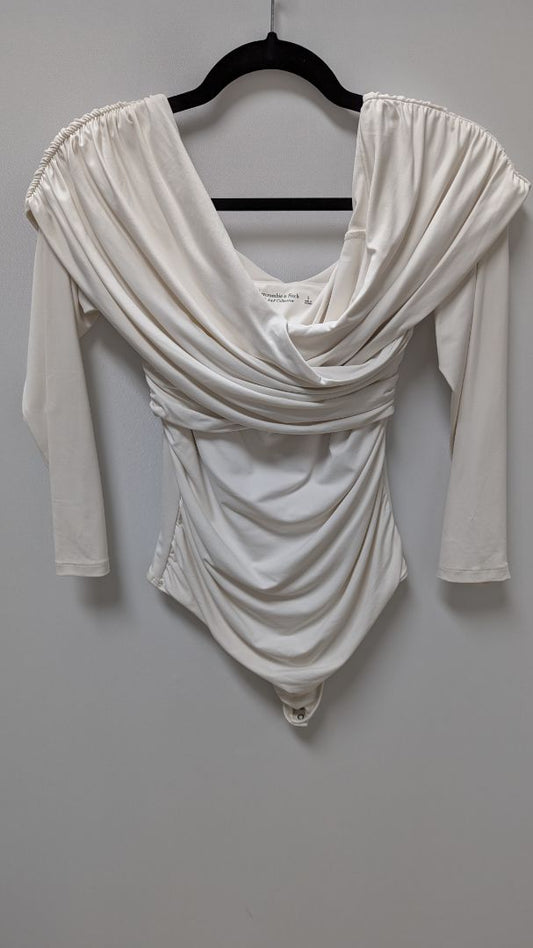 Abercrombie & Fitch Ivory Long-Sleeve Faux-Wrap Bodysuit