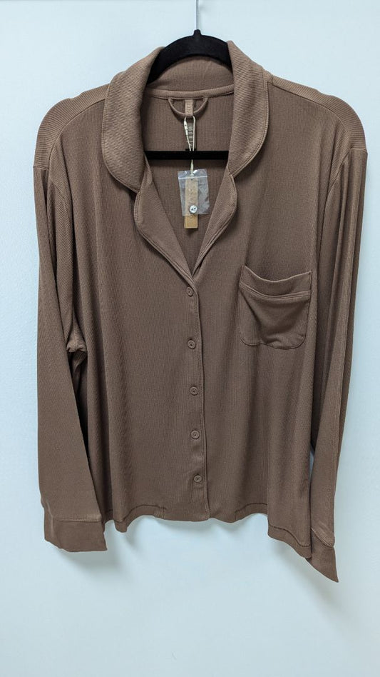 SKIMS Wood Brown Long-Sleeve Knit Lounge Shirt
