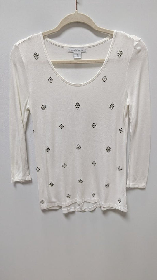 Liz Claiborne White 3/4 Sleeve Rhinestone Flower Blouse