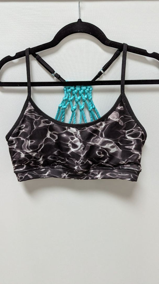 SO Black/White/Teal Macrame Sports Bra