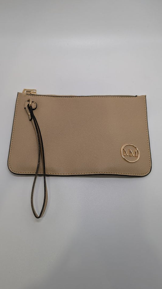 MM Beige Zippered Clutch with Wrist Strap