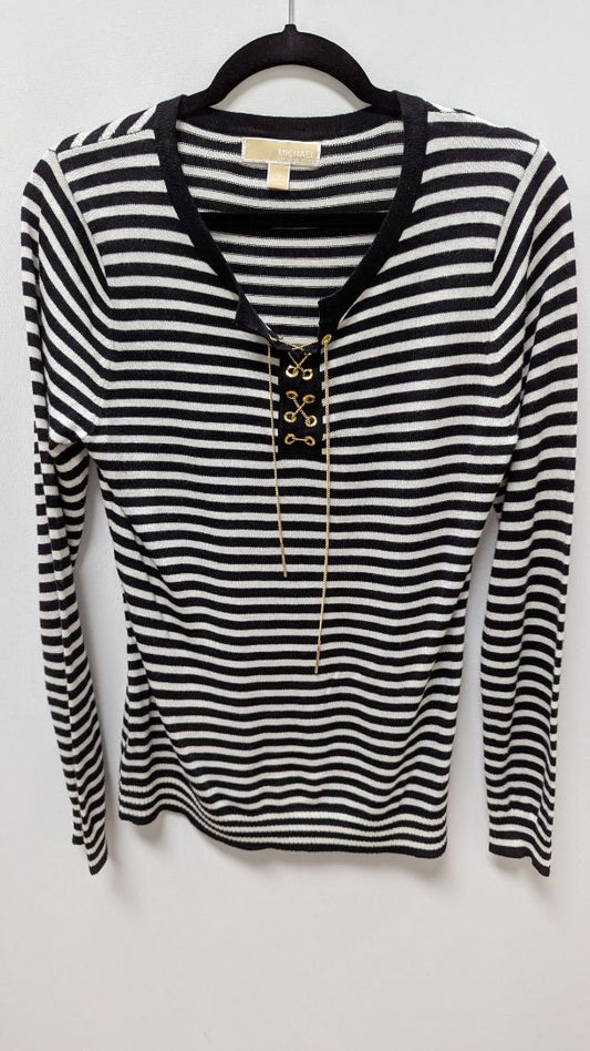 Michael Kors Black/White/Gold Striped Lace-Up Sweater