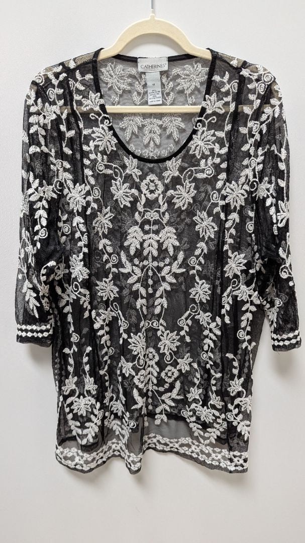 Catherines Black/White Sheer Embroidered Mesh Blouse