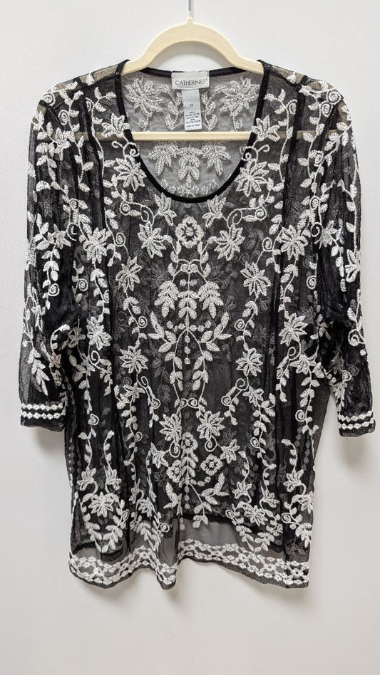 Catherines Black/White Sheer Embroidered Mesh Blouse