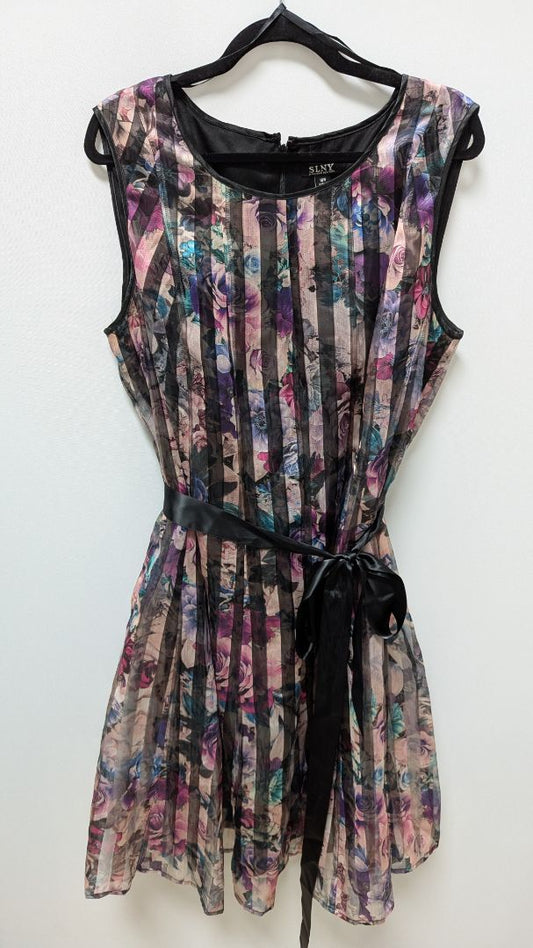 SLNY Black/Purple Floral Striped Flared Midi Dress