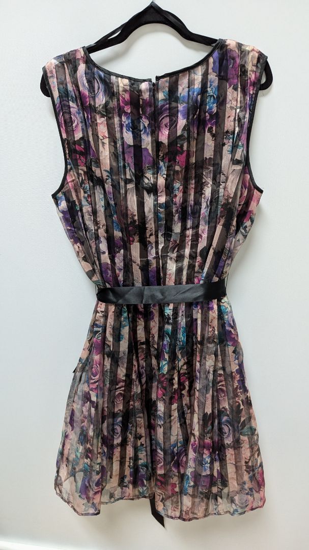 SLNY Black/Purple Floral Striped Flared Midi Dress