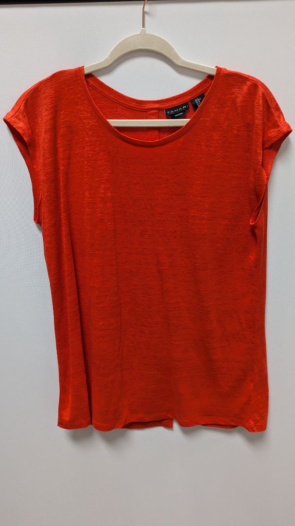 Tahari Red Orange Button-Down Back Linen T-Shirt